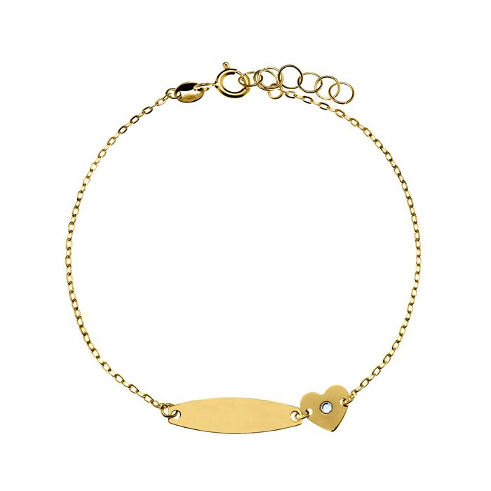Pulsera bebé Oro 18K Placa y Corazón con Circonita
