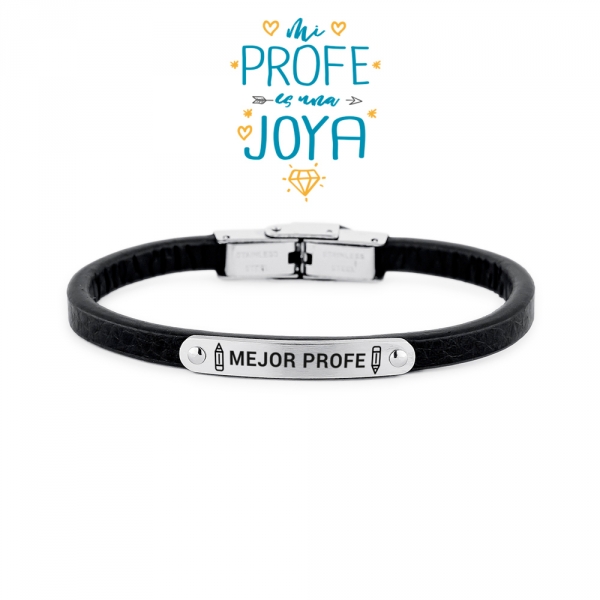 Pulsera de Acero Mejor Profe con cuero Negro