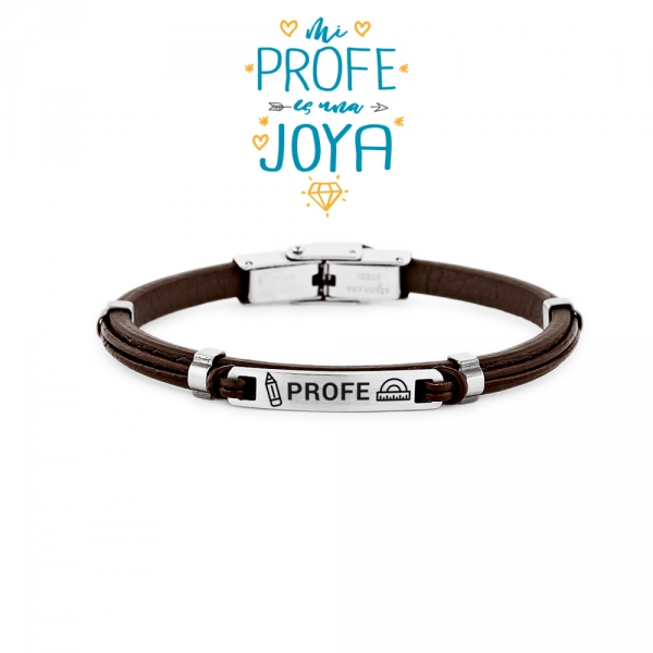 Pulsera de Acero Profe con cuero Marrón