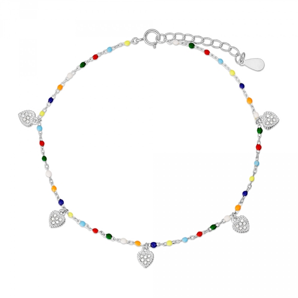Tobillera Plata 1ª Ley con Corazones y Circonitas