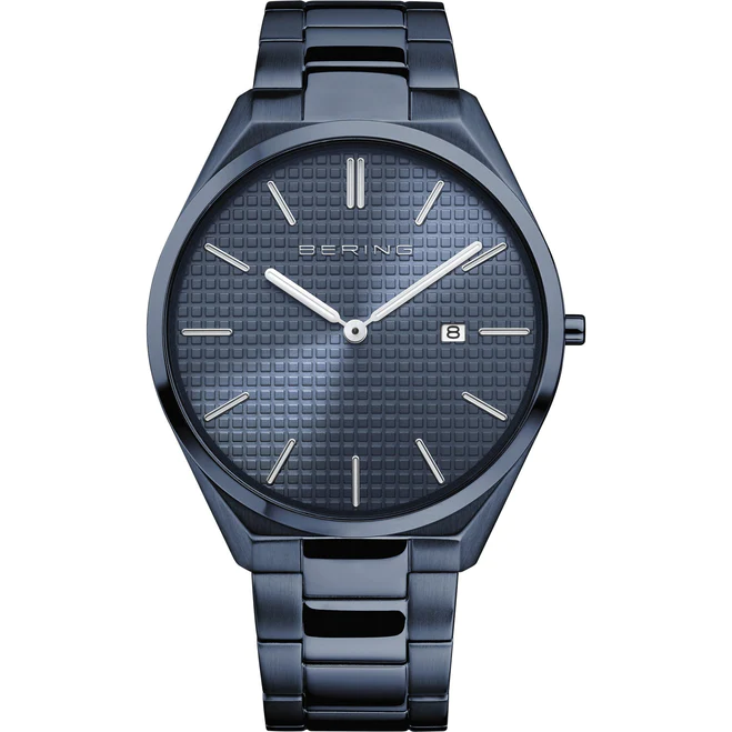 Reloj de hombre con esfera azul con patrones de cuadros y brazalete azul BERING