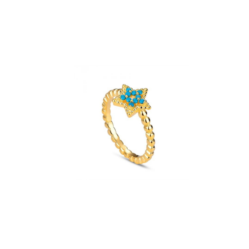 Anillo de plata chapado brazo de bolitas con estrella de circonitas color turquesa  PROMOJOYA