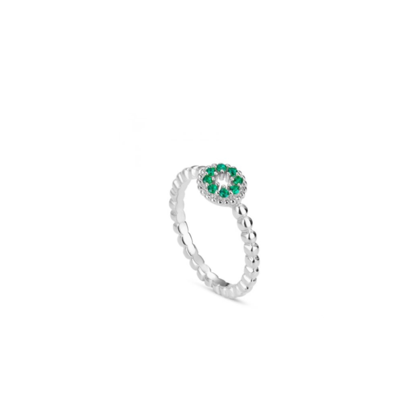 Anillo de plata rodiado brazo de bolitas con disco de circonita verde PROMOJOYA