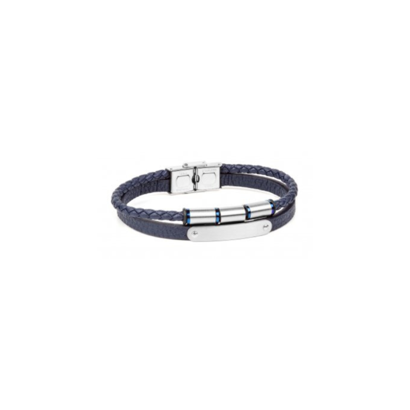 Pulsera Duward doble acero/azul trenzado piel