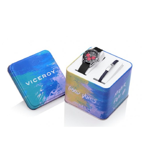 Reloj Viceroy niño comunión acero + caucho en negro y rojo con pulsera cruz piel negra