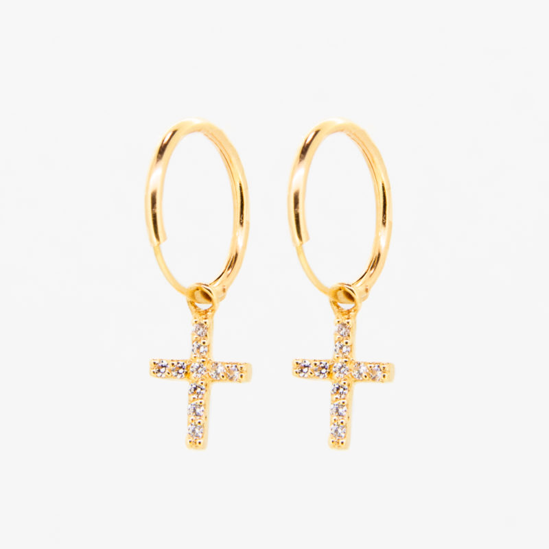 Pendientes oro 18k con colgante de cruz con circonitas