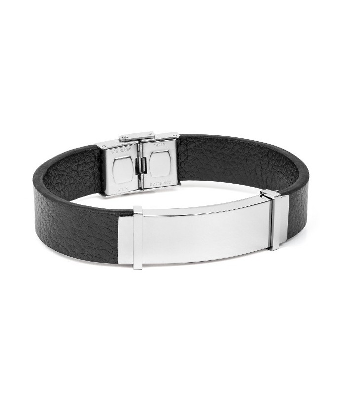 Pulsera Duward piel negra y acero ancha