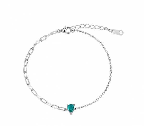 Pulsera de plata rodiada cadena forzada con gota de color aguamaina con garras 17 + 3 cm