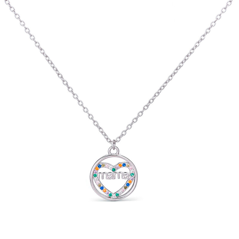 Colgante con cadena de plata rodiado redondo con corazón multicolor mamá de 15 mm