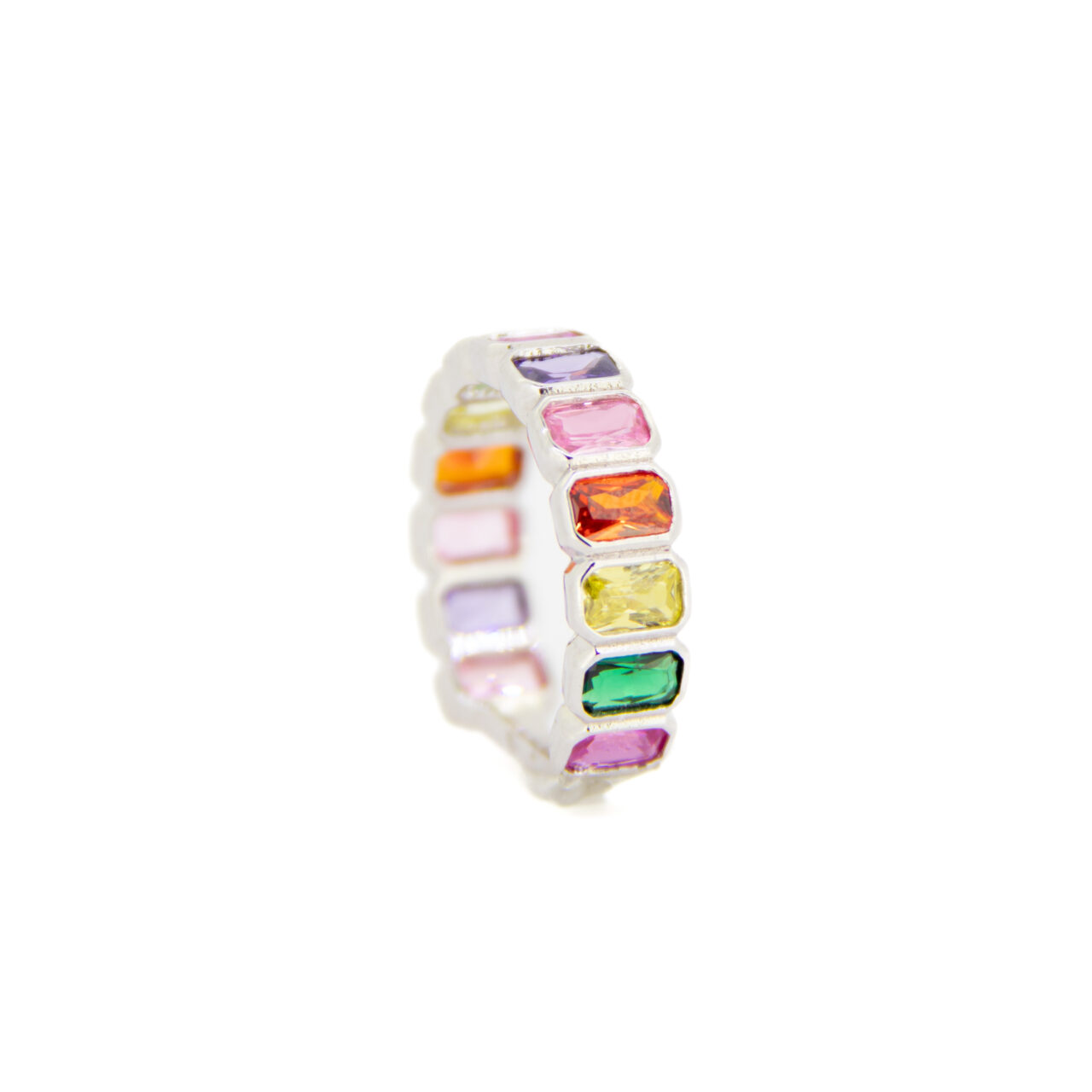 Anillo plata 1º ley rodiado con circonitas rectangulares multicolor