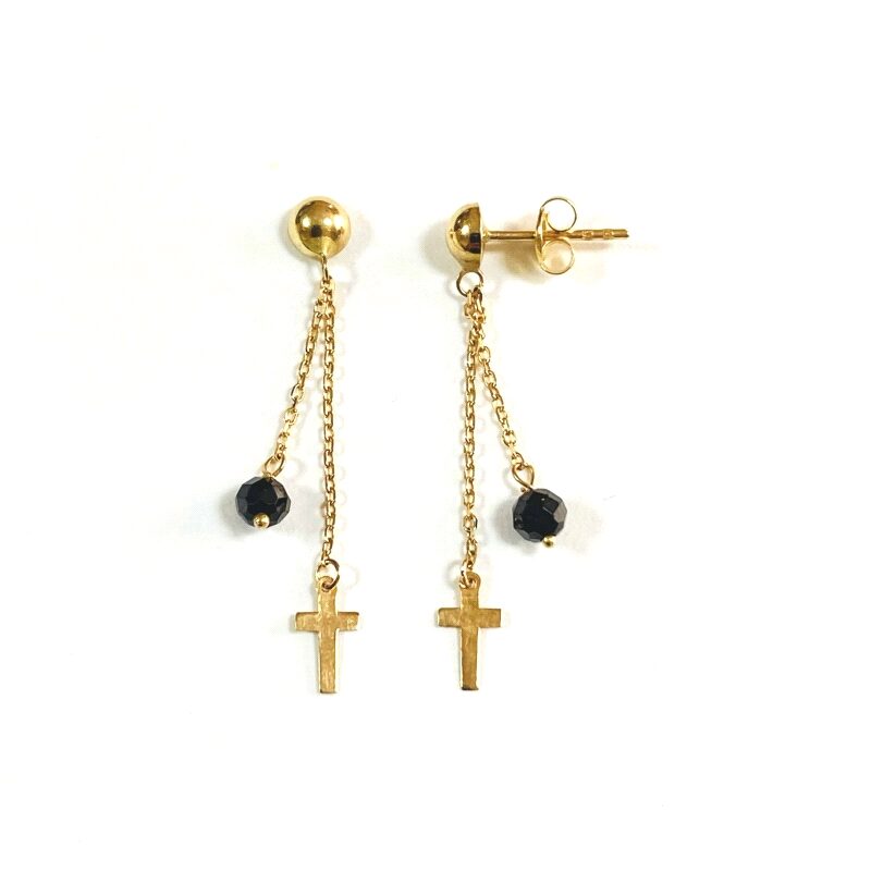 PENDIENTES ORO 18K COLGANTE PIEDRA NEGRA Y CRUZ