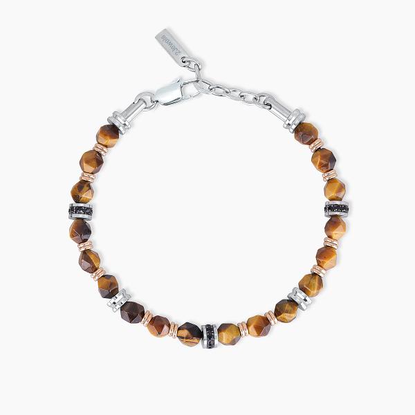 Pulsera de acero rosado ojo de tigre facetado y cristales negros