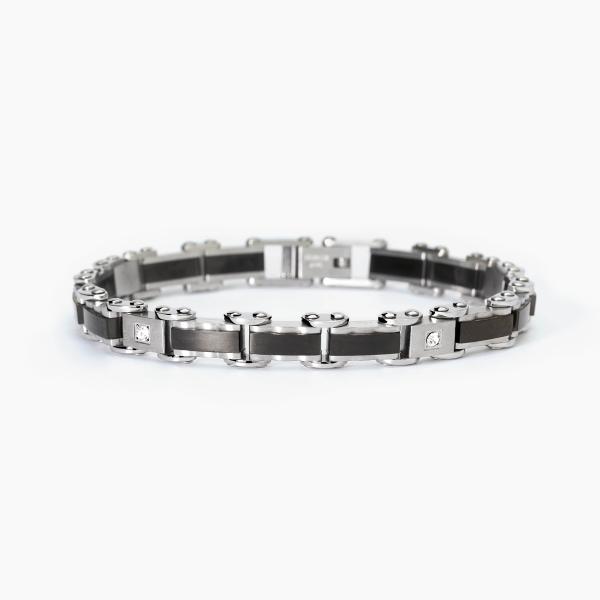 Pulsera de hombre acero pulido y satinado con elementos en bronce de cañón y cristales blancos