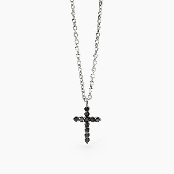 Collar de acero con cadena cable y colgante cruz con circonitas negras