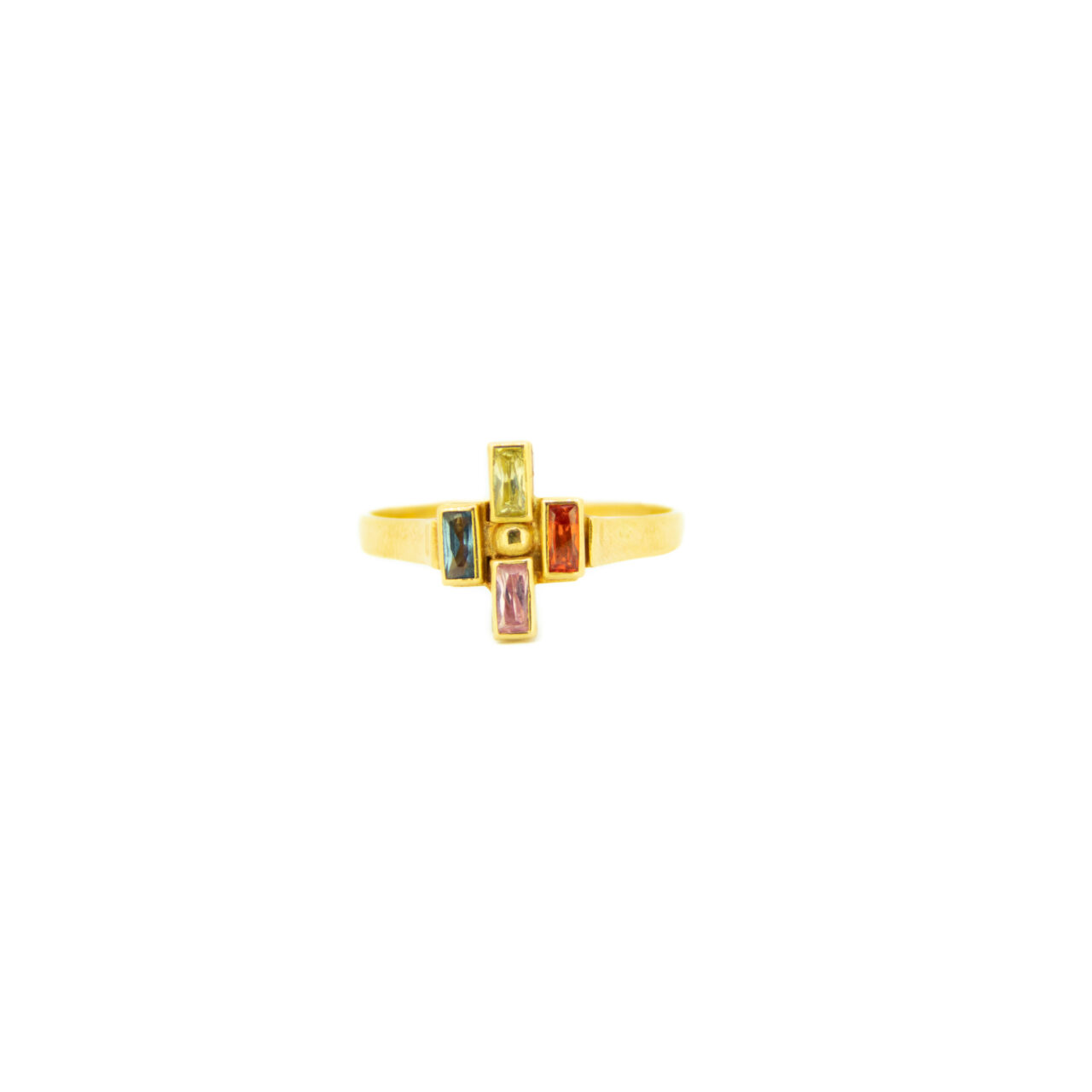 ANILLO ORO 18K FORMA CRUZ CIRCONITAS COLORES RECTANGULARES