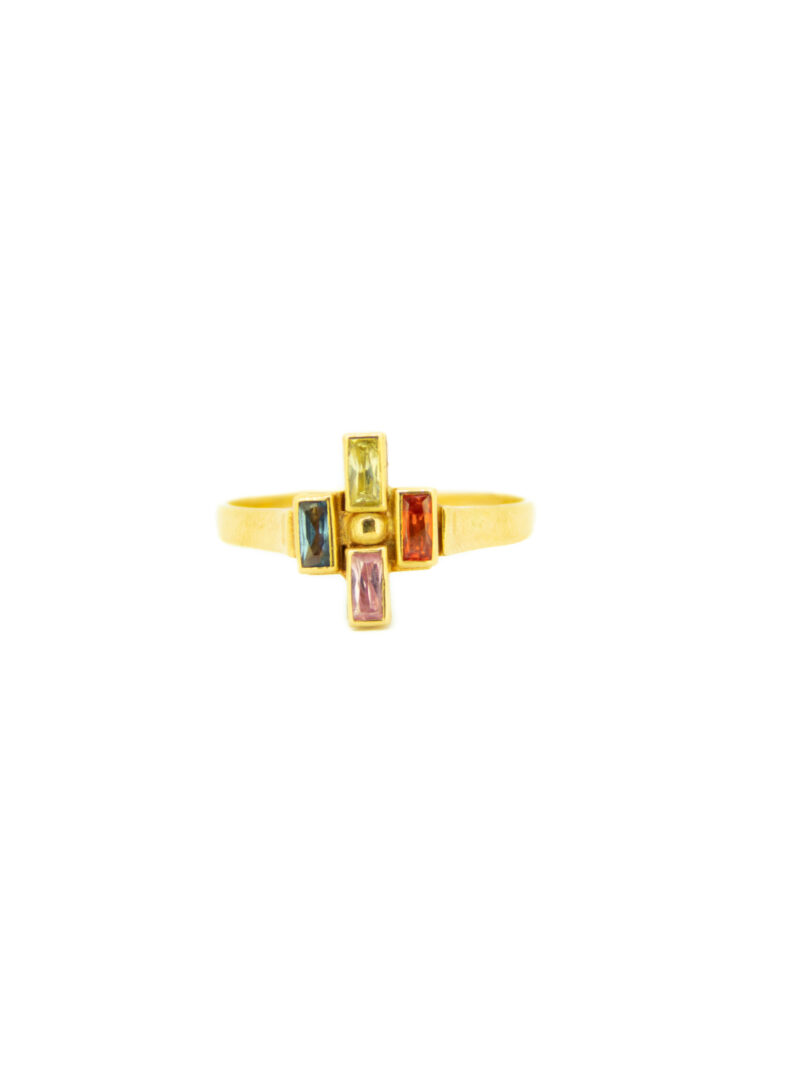 ANILLO ORO 18K FORMA CRUZ CIRCONITAS COLORES RECTANGULARES