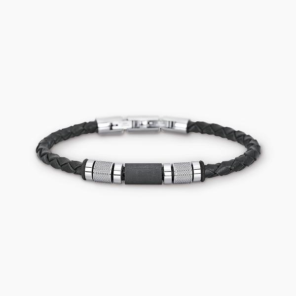 Brazalete de acero 316L con cuero tejido y elemento de 4 cm con fibra de carbono y silicona