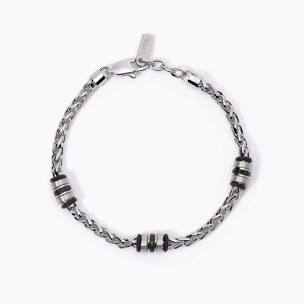 Brazalete acero 316L con cadena espiga con hueco elementos con silicona negra y cristales negros