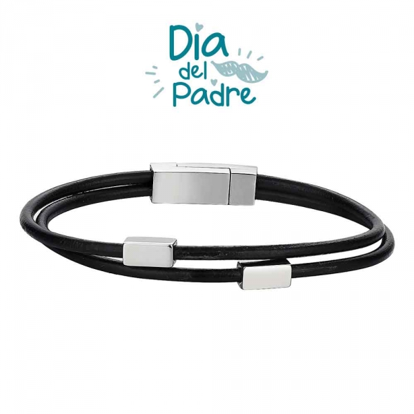 Pulsera de acero caballero cuero doble