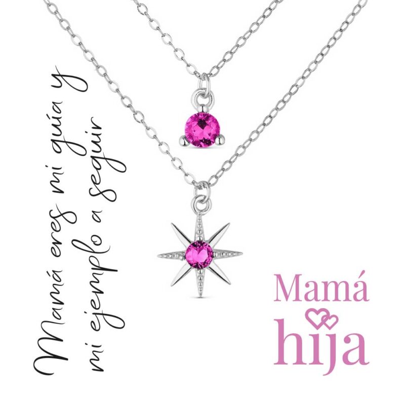 Pack Colgantes Con Cadena De Plata Rodiada Mamá/Hija Rosa