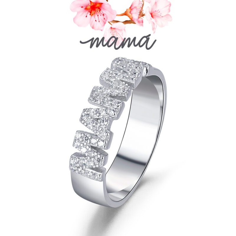 Anillo de plata rodiado Mamá con circonitas