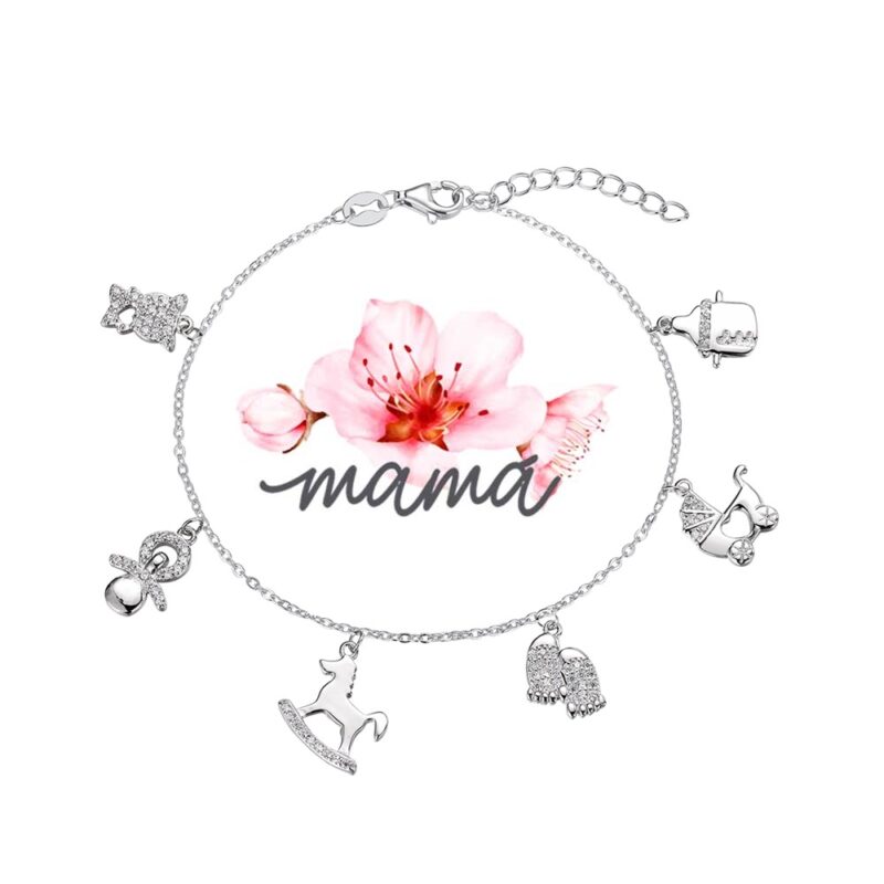 Pulsera de plata rodiada cadena colgantes de circonitas maternidad 17 + 3 cm