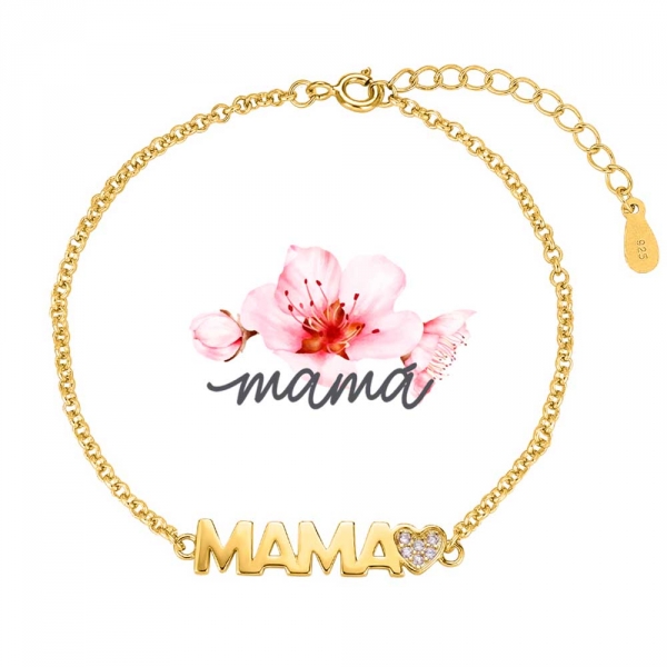 Pulsera de plata chapada cadena rolo mamá con corazón de circonitas de 6 mm 17 + 3 cm