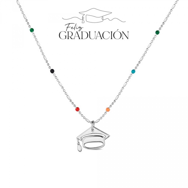 Colgante con cadena de plata chapado o rodio con bolitas multicolor y birrete de 17 mm 38 + 5 cm