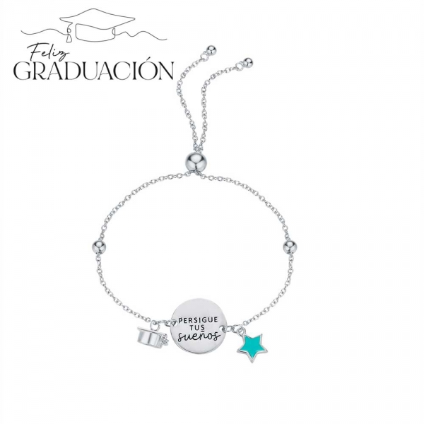 Pulsera de plata chapada o rodio disco persigue tus sueños con birrete y estrella