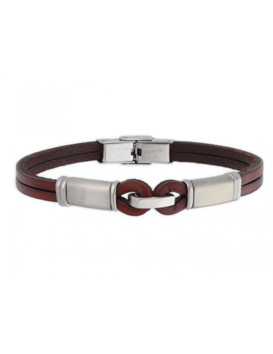 Pulsera acero y piel marrón aplique central Liska