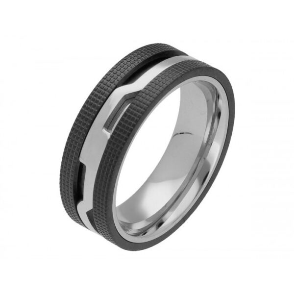 Anillo acero negro con lineas plateadas