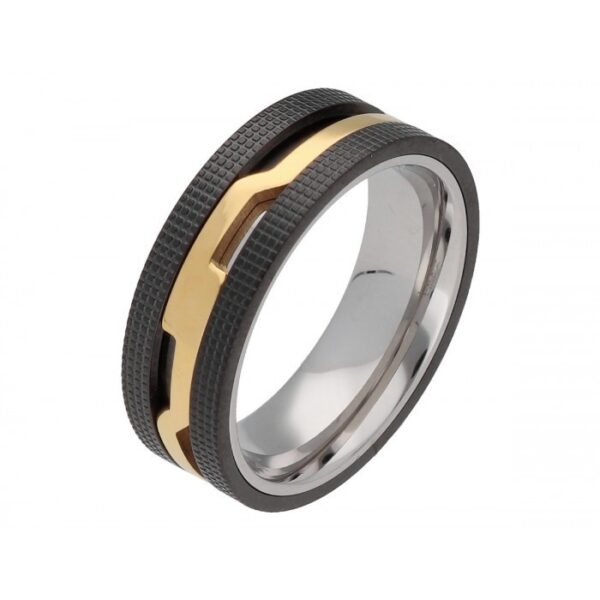 Anillo acero negro con lineas doradas