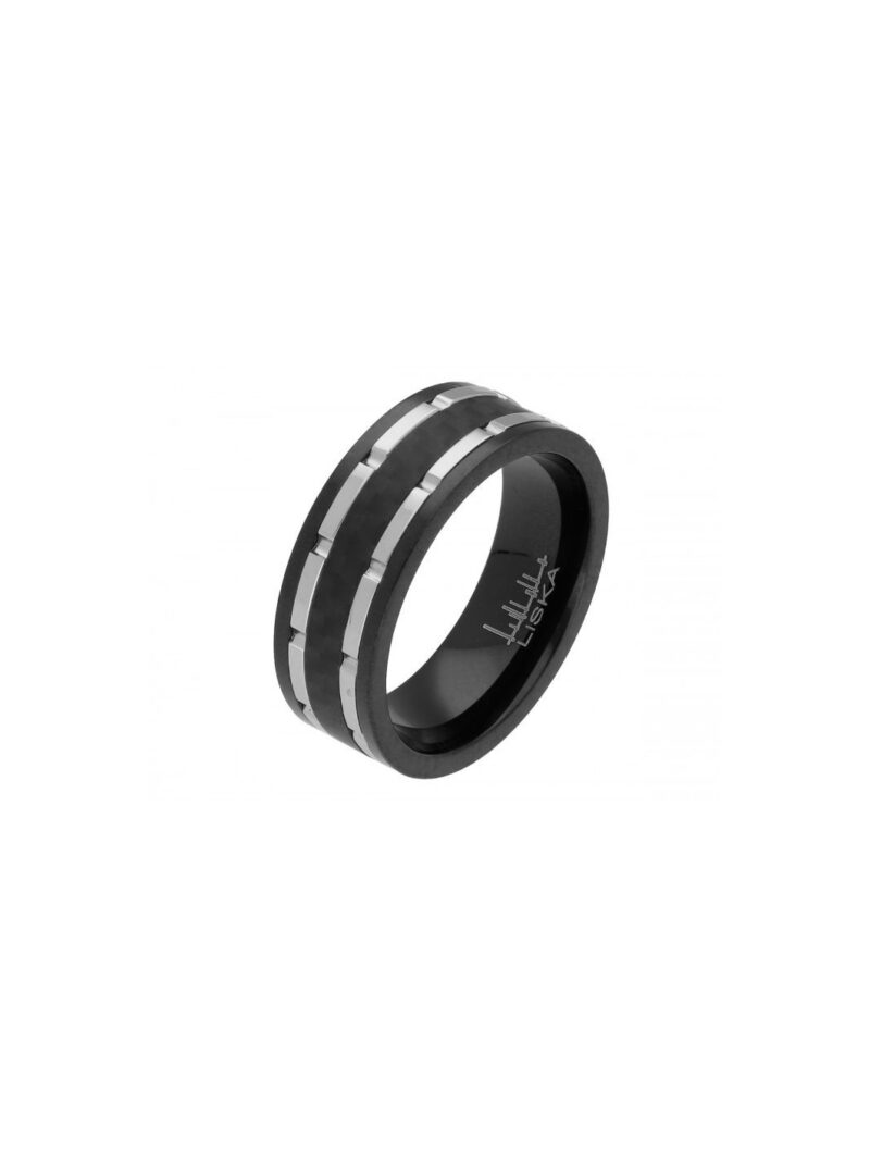 Anillo acero negro con dos lineas plata Liska