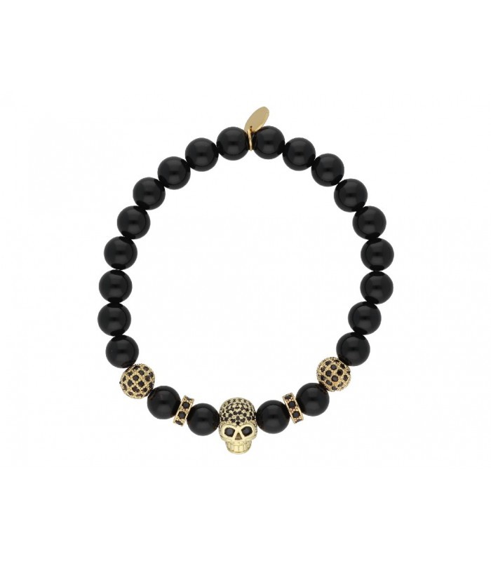 Pulsera acero dorado y bolas negras piedra natural  calavera Liska
