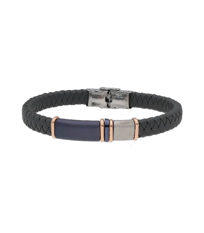 Pulsera acero y piel barra azul y mini barra acero Liska