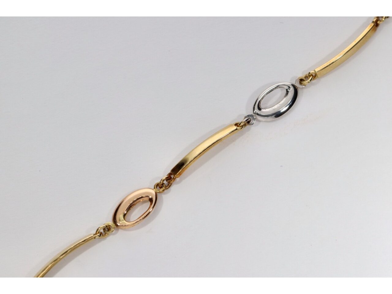 PULSERA ORO 18K TRICOLOR OBAL CALADO Y BARRA - Imagen 3