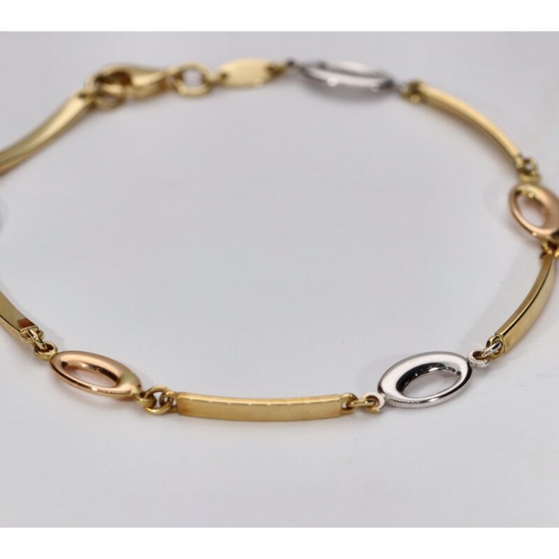 PULSERA ORO 18K TRICOLOR OBAL CALADO Y BARRA