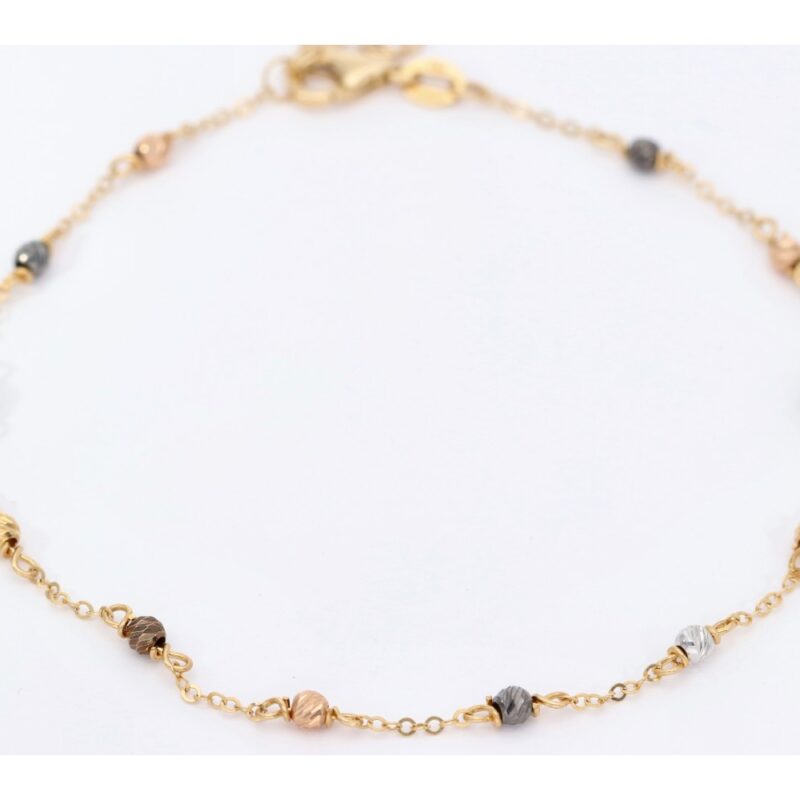 PULSERA ORO 18K CADENA Y BOLAS FACETADAS TRICOLOR