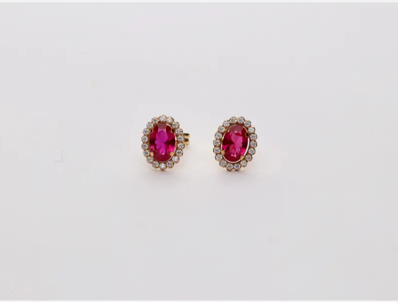 Pendientes oro 18k oval rubi y circonitas