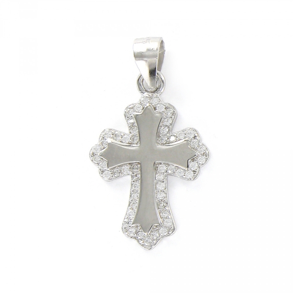 Colgante De Plata Rodiada Cruz De Tres Puntas Bisel De Circonita De 20 X 15 Mm