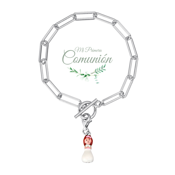 Pulsera de plata rodiada comunión con niña esmaltada eslabones rectangulares 17 cm