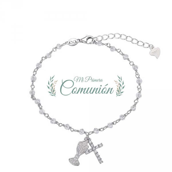 Pulsera de plata rodiada bolas facetadas con cruz y cáliz colgando 17 + 3 cm
