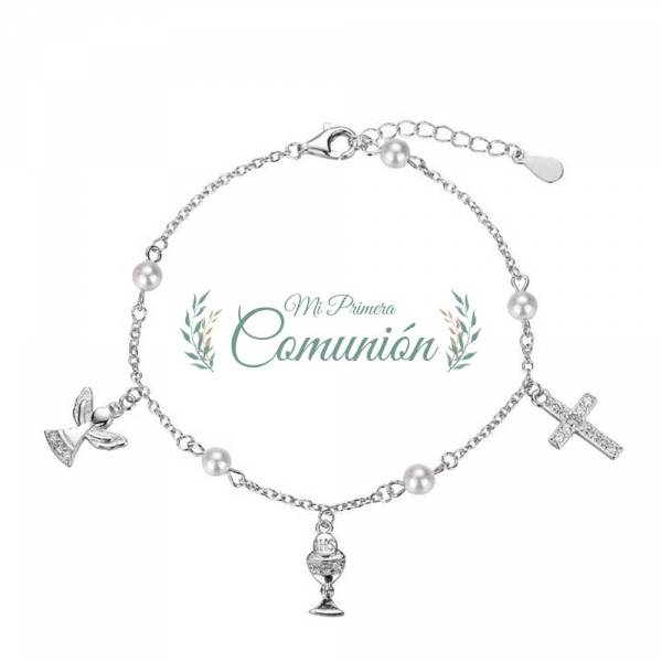 Pulsera de plata rodiada con perlas de 4 mm y ángel, cruz y cáliz colgando 17 + 3 cm