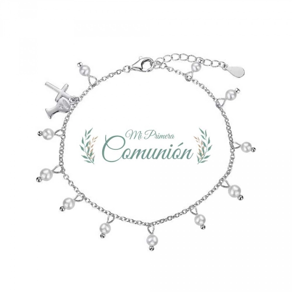 Pulsera de plata rodiada con perlas de 3 mm con cruz y cáliz colgando 17 + 3 cm
