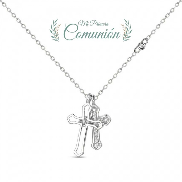 Collar de plata rodiado cadena con cruz doble con circonitas 38 + 5 cm