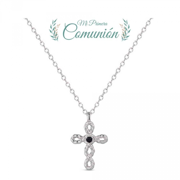 Colgante con cadena de plata rodiado cruz rizada de 16 x 12 mm con piedra negra 38 + 5 cm