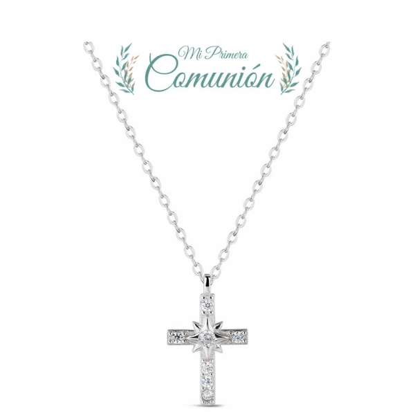 Colgante con cadena de plata rodiado cruz con circonitas de 16 x 12 mm y 38 + 5 cm