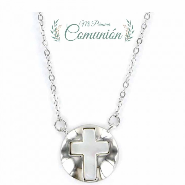 Colgante De Plata Y Nacar Redondo 14 Mm Con Cruz Y Cadena De 42 Cm