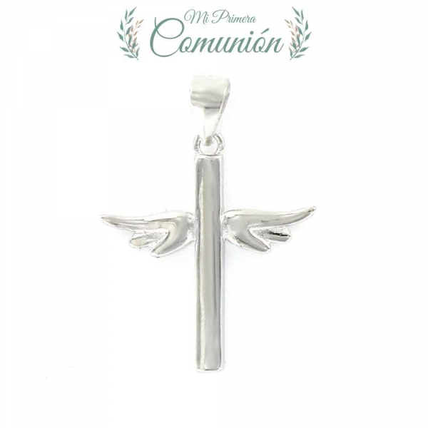 Colgante De Plata Rodiada Cruz Con Alas De 20 X 20 Mm