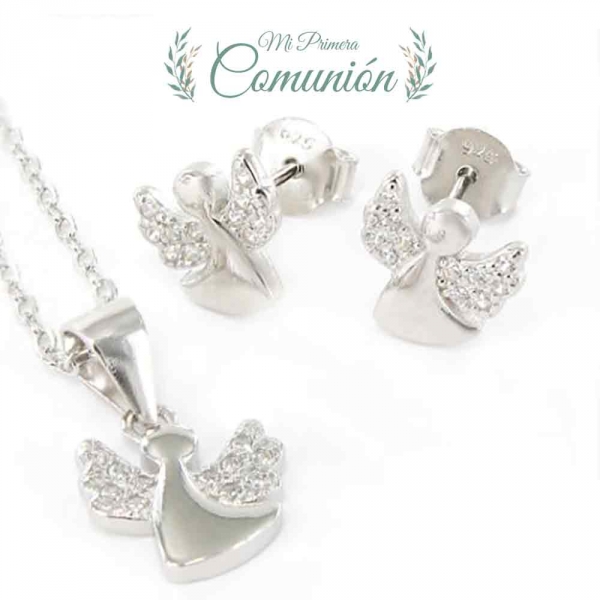 Juego De Colgante Y Cadena plata 1º ley Rodiada Angelito Con Circonitas